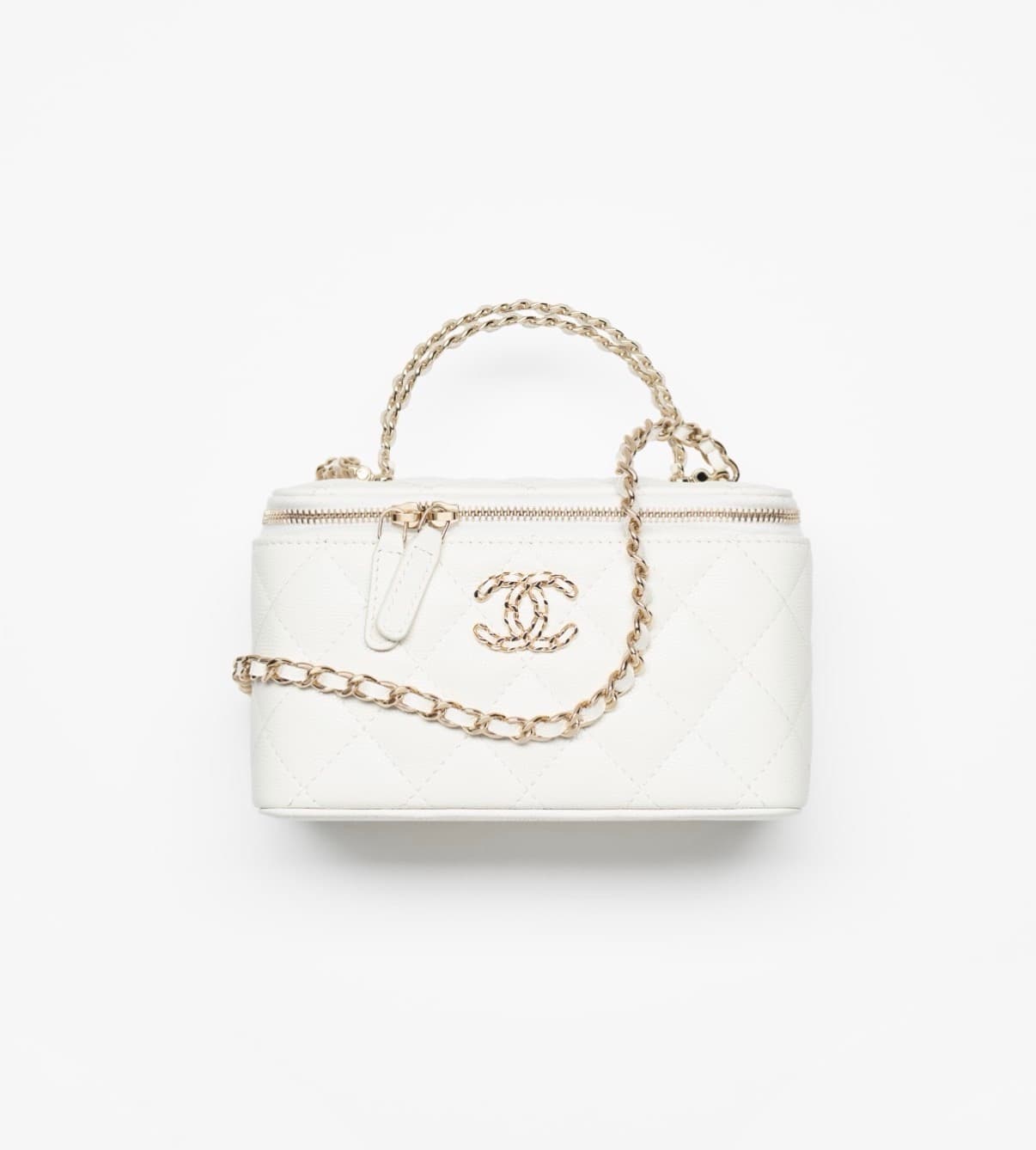 Chanel Long Vanity Chaîne Veau Graine Brillant & Métal Doré Blanc