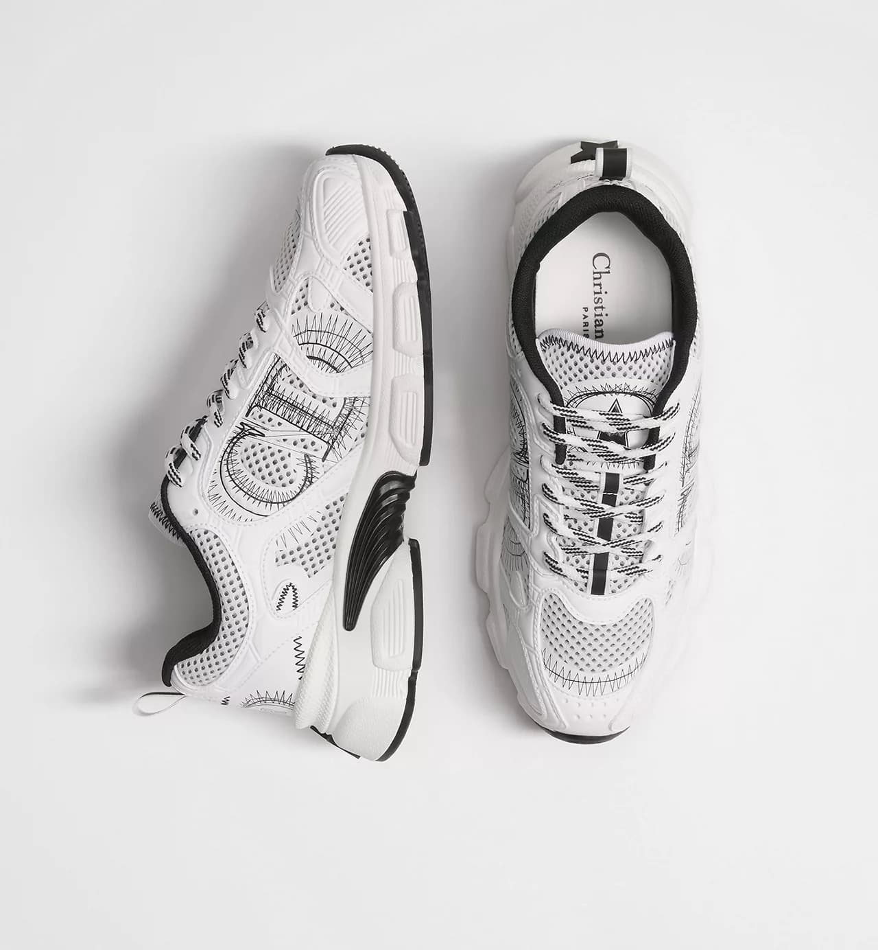 Dior Sneaker Chrono Résille et empiècements aspect cuir blancs et noirs — vue 3