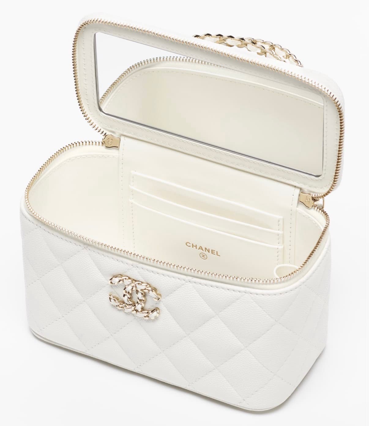 Chanel Long Vanity Chaîne Veau Graine Brillant & Métal Doré Blanc — vue 2