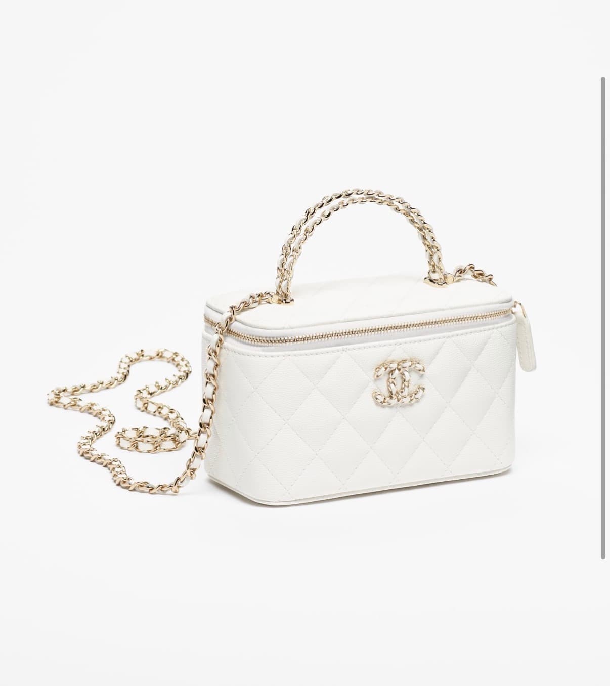 Chanel Long Vanity Chaîne Veau Graine Brillant & Métal Doré Blanc — vue 4